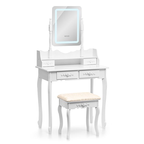 Coiffeuse avec miroir, chaise et éclairage LED – 5 tiroirs – Blanche