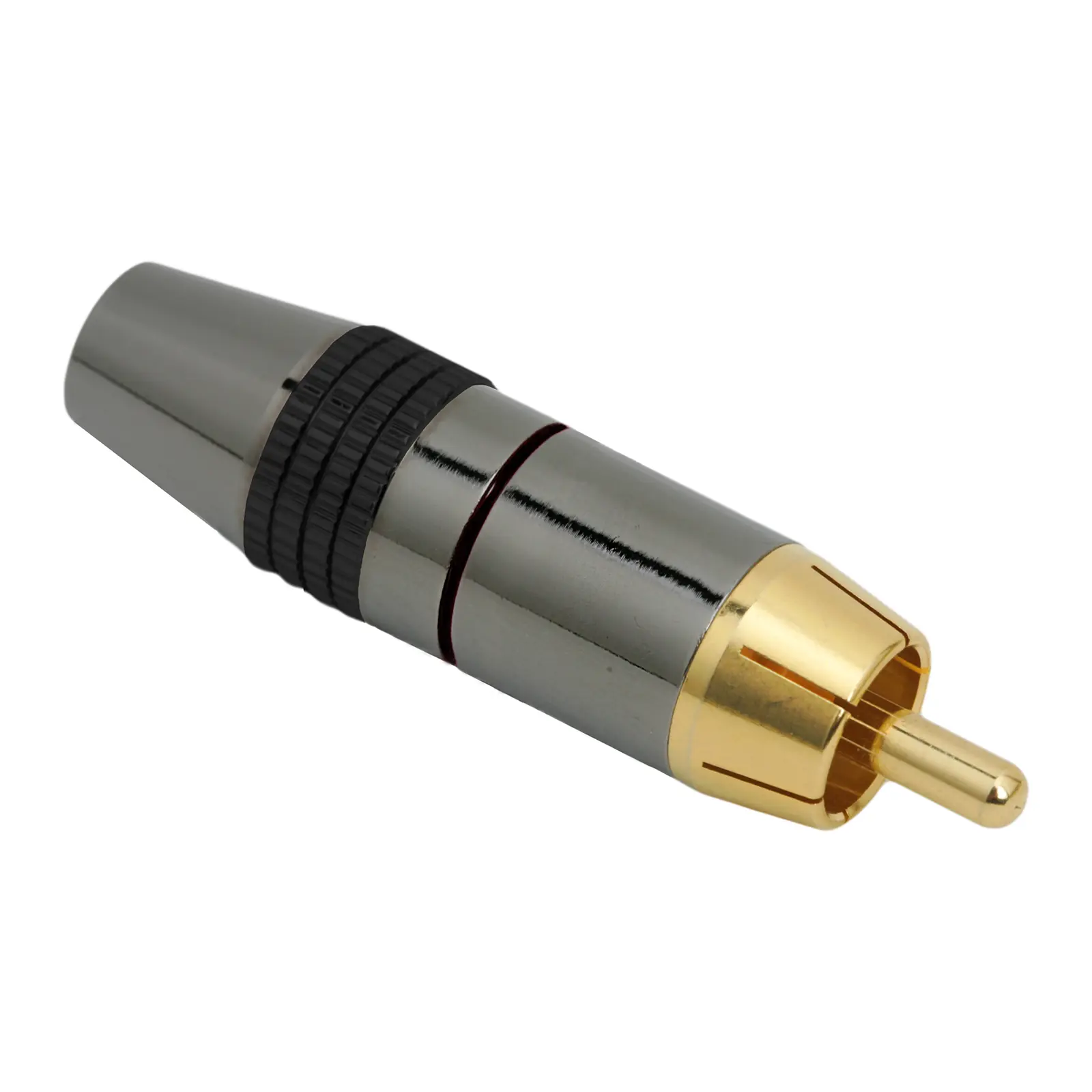 Connecteur RCA plaqué or pour câble jusqu’à 8 mm – finition argentée avec bague de repérage Connecteur RCA plaqué or pour câble jusqu’à 8 mm – finition argentée avec bague de repérage