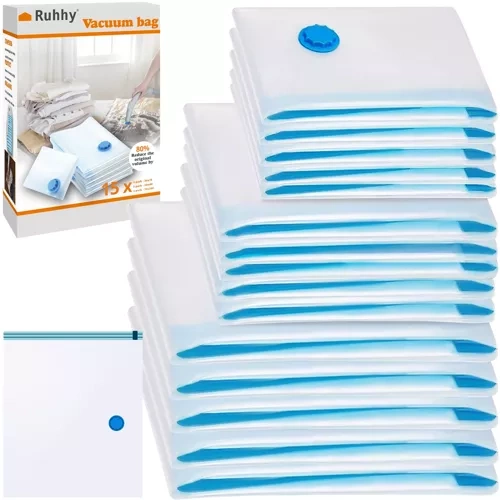 Ruhhy – Lot de 15 Sacs de Rangement Sous Vide Réutilisables, Transparent/Bleu