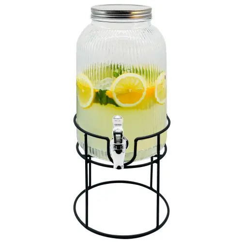Distributeur de Boissons en Verre 4 L avec Robinet, Support Métallique et Couvercle à Vis