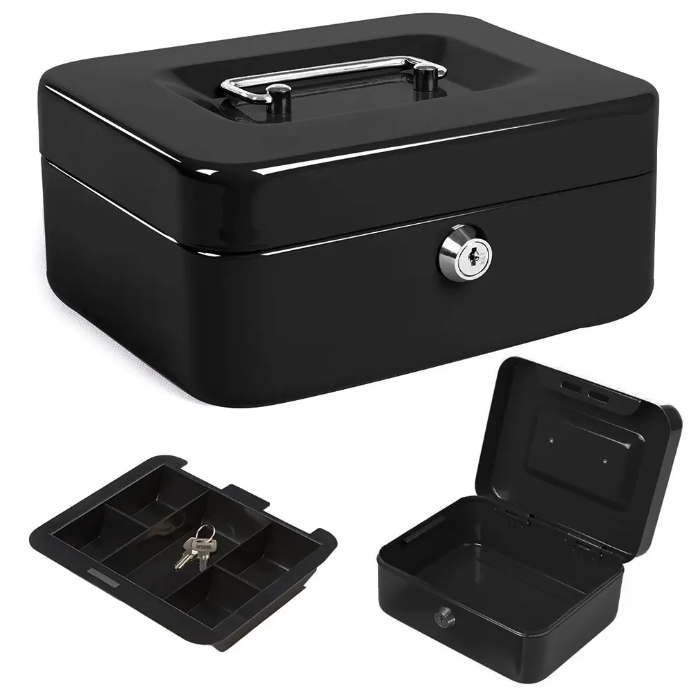 Coffret à Monnaie en Acier avec Serrure et Clés – 20 × 16 × 9 cm – Noir Coffret à Monnaie en Acier avec Serrure et Clés – 20 × 16 × 9 cm – Noir