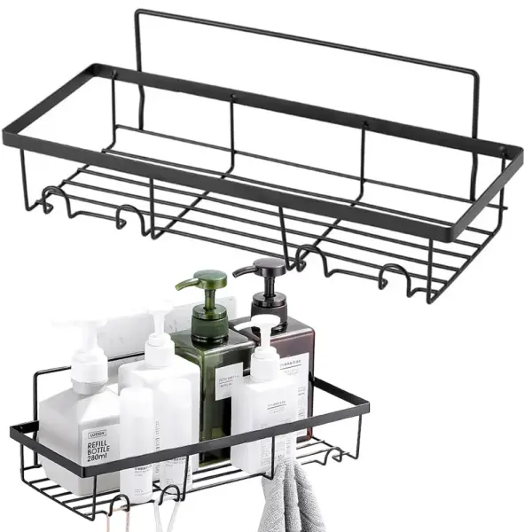 Étagère de douche suspendue en métal noir, style loft, avec 4 crochets