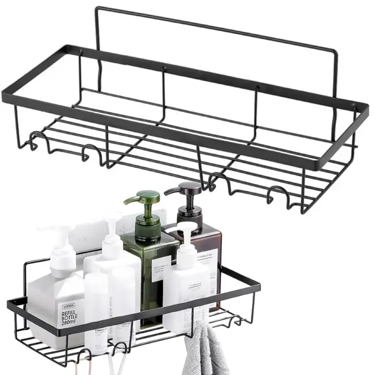 Étagère de douche suspendue en métal noir, style loft, avec 4 crochets