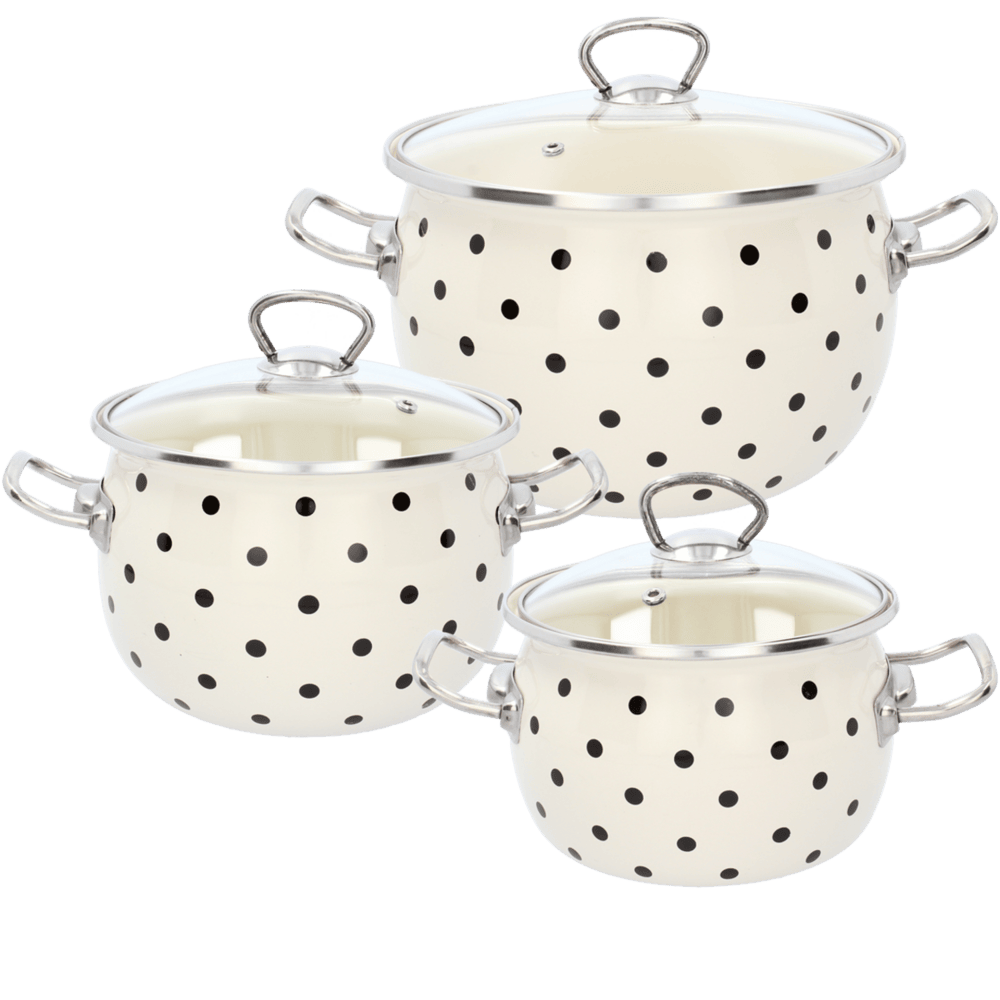 Set de 3 casseroles émaillées blanches à pois avec couvercles en verre – 2,5 / 3,5 / 5 L Set de 3 casseroles émaillées blanches à pois avec couvercles en verre – 2,5 / 3,5 / 5 L